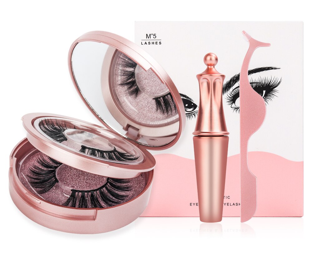 Magnetic False Eyelashes & Liquid Eyeliner Set, 5 Magnets, Natural Fake Eyelashes, Waterproof Lasting Makeup Kit
