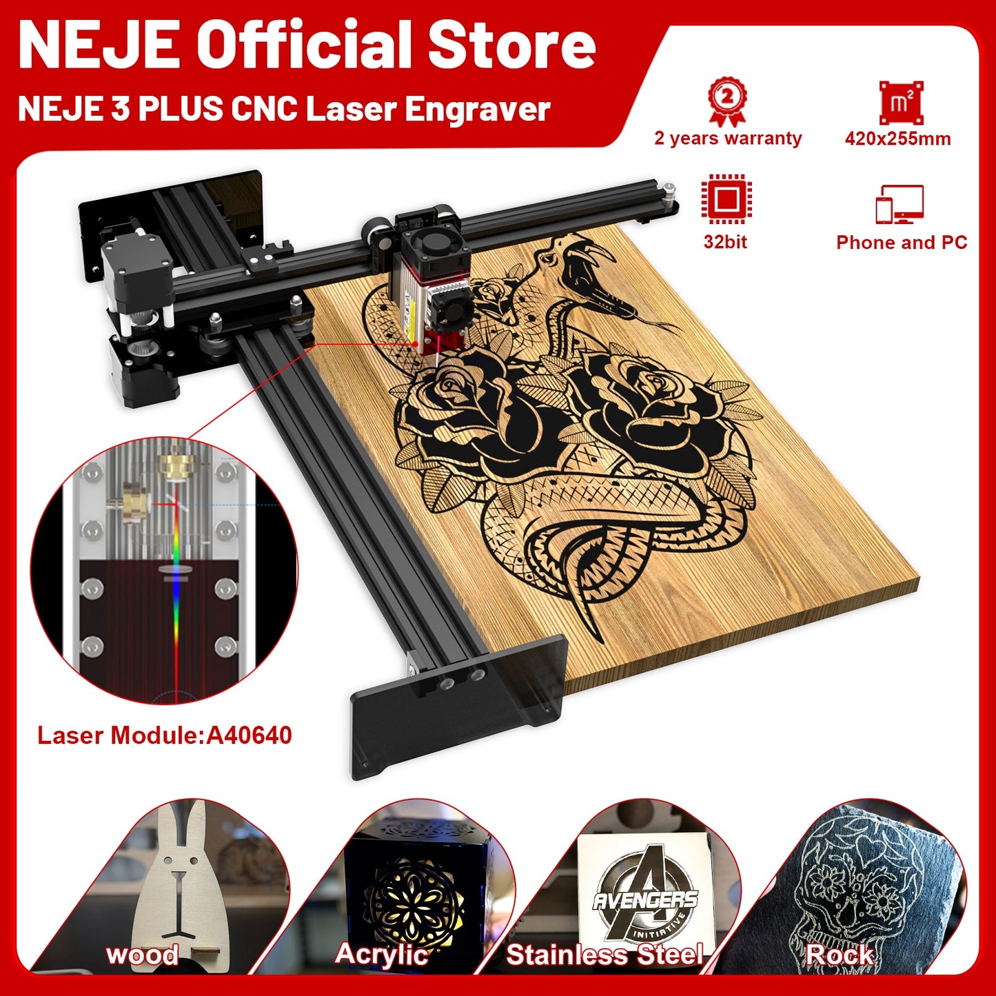 Neje 3 Plus Laser Engraver Cutting Machine Bluetooth Wireless Control