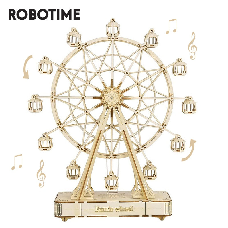 Robotime DIY Wooden Rotatable Ferris Wheel Model with Playing Music, Toys for Children's Birthday