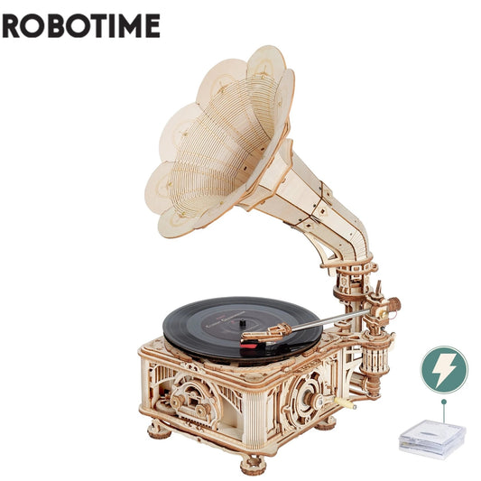Robotime Hand Crank Classic Gramophone with Music 1:1 424pcs Wooden Model Building Kits Gift for Children & Adults /Home Decor